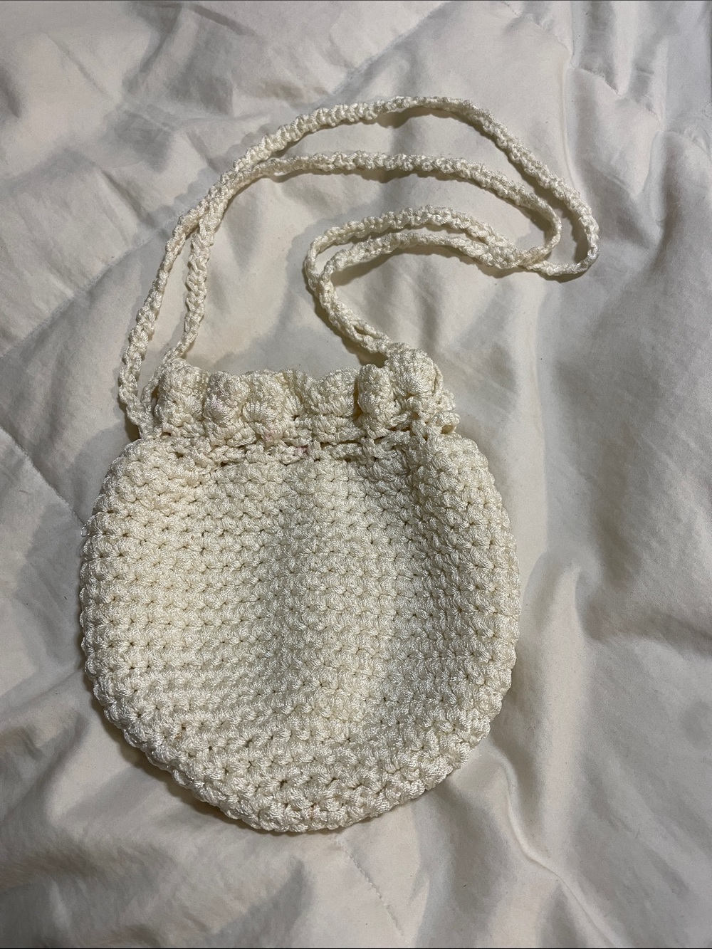 Vintage Lola Leman's Hand-Crocheted Ruffle Drawstring Bag - Ivory/Cream